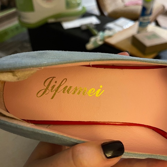 Light blue square heel with chiffon bow, Jifumei brand size 8 - Picture 12 of 12